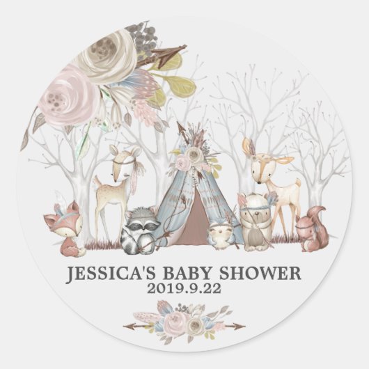 Sticker Rond Baby shower des animaux des bois tribaux Favoriser (Devant)