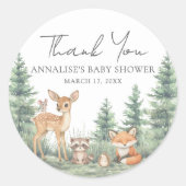 Sticker Rond Baby shower des animaux forestiers de bois Merci (Devant)