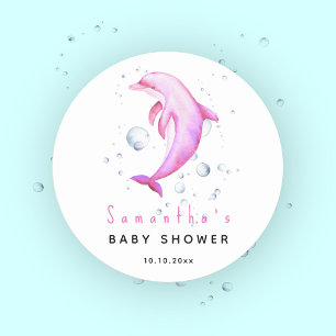 Sticker Rond Baby shower des dauphins océaniques aquarelles