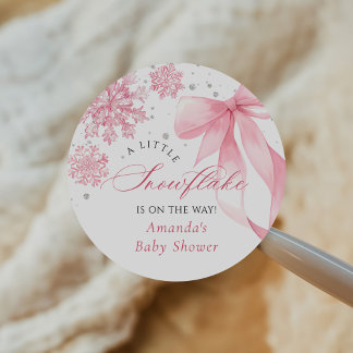Sticker Rond Baby shower des flocons de neige de Bow rose d'hiv