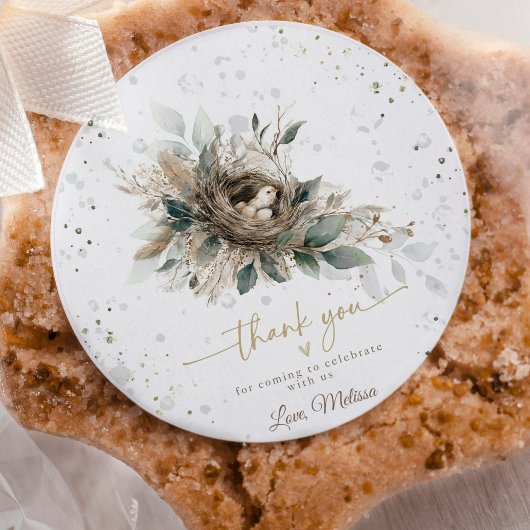 Sticker Rond Baby shower des forêts neutres de nidification des