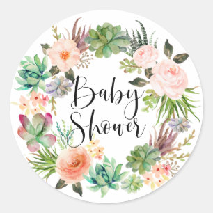 Sticker Rond Baby shower d'été Boho Succulents Floral Wreath