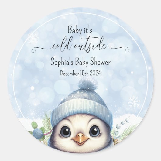 Sticker Rond Baby shower d'hiver Blue Cold Outdoor Penguin (Devant)