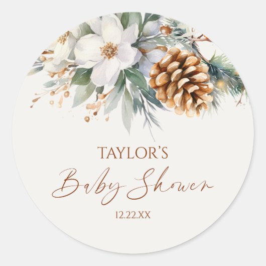 Sticker Rond Baby shower d'hiver Floral Pine Tree (Devant)