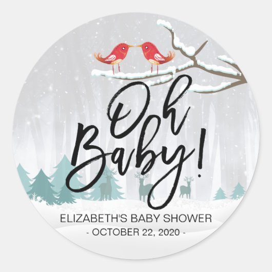 Sticker Rond Baby shower D'Hiver Moderne Scène De Neige Oiseau  (Devant)