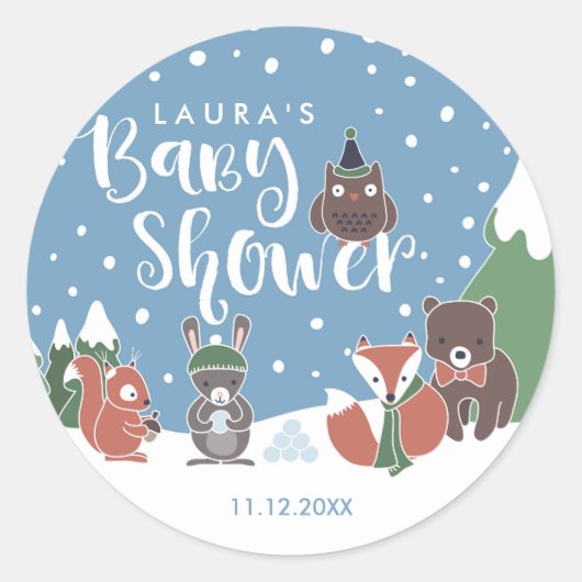 Sticker Rond Baby shower d'hiver sur les animaux des bois (Devant)