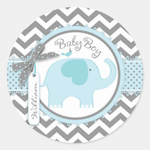 Sticker Rond Baby shower d'impression Blue Elephant et Chevron
