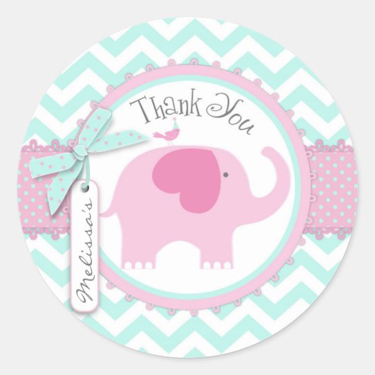 Sticker Rond Baby shower d'impression Pink Elephant et Chevron (Devant)
