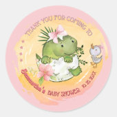 Sticker Rond Baby shower Dino et Duckling rose personnalisé (Devant)