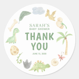 Sticker Rond Baby shower Dinosaur Vert Merci Aquarelle
