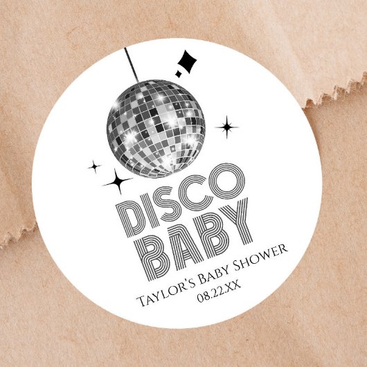 Sticker Rond Baby shower Disco Ball 'Disco Baby' en argent