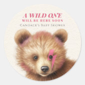 Sticker Rond Baby shower d'ours à cheveux rose sauvage (Devant)