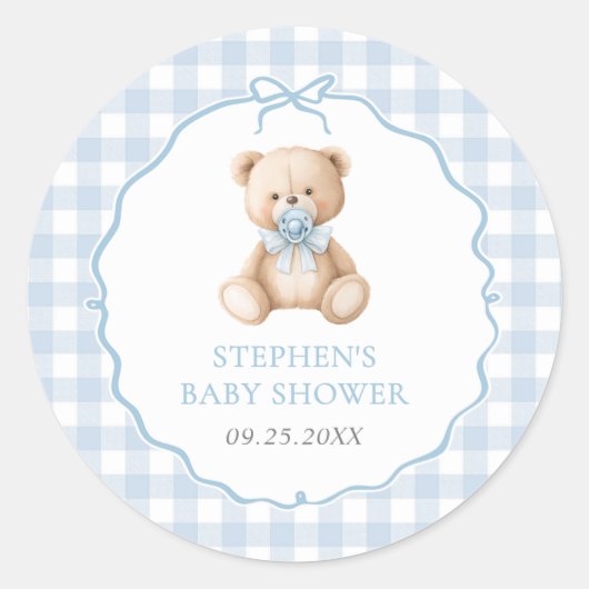 Sticker Rond Baby shower d'ours en En vichy bleu (Devant)