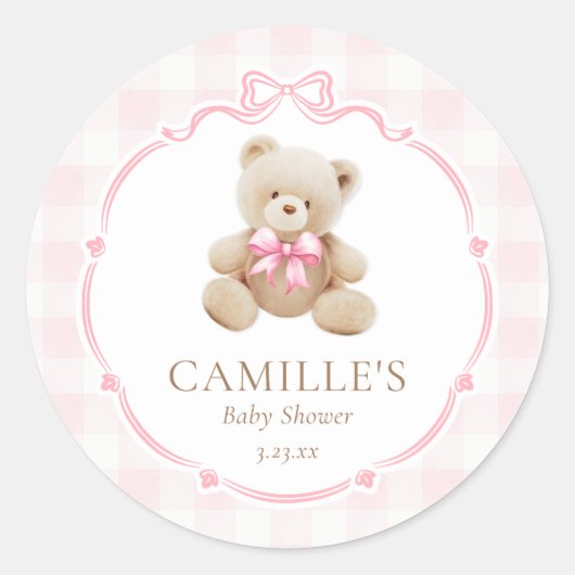 Sticker Rond Baby shower d'ours en En vichy rose (Devant)