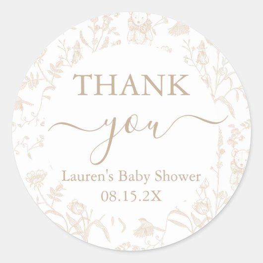 Sticker Rond Baby shower d'ours en toile neutre (Devant)