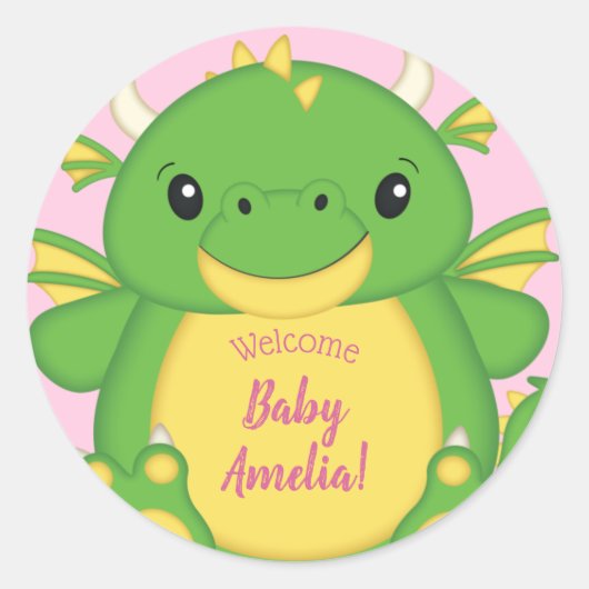 Sticker Rond Baby shower Dragon rose (Devant)
