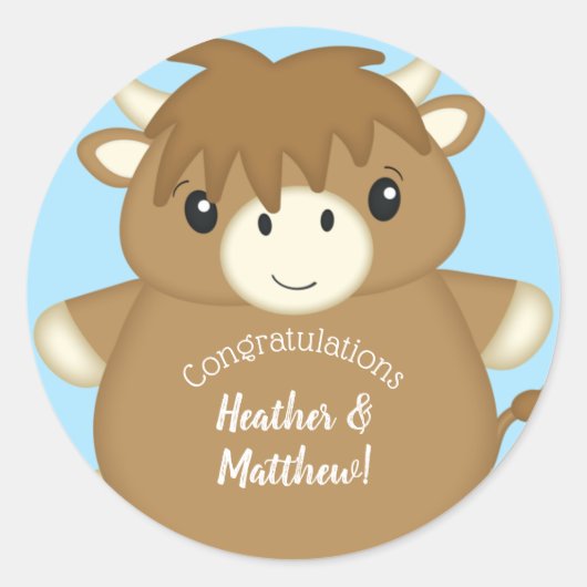 Sticker Rond Baby shower écossais de vache Highland Blue (Devant)