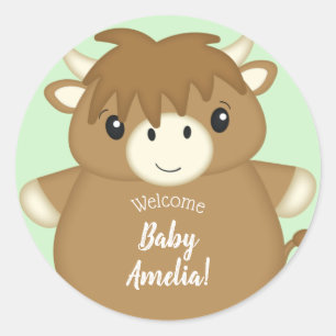Sticker Rond Baby shower écossais Highland Cow
