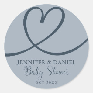 Sticker Rond Baby Shower Élégant Minimaliste Cœur Bleu 