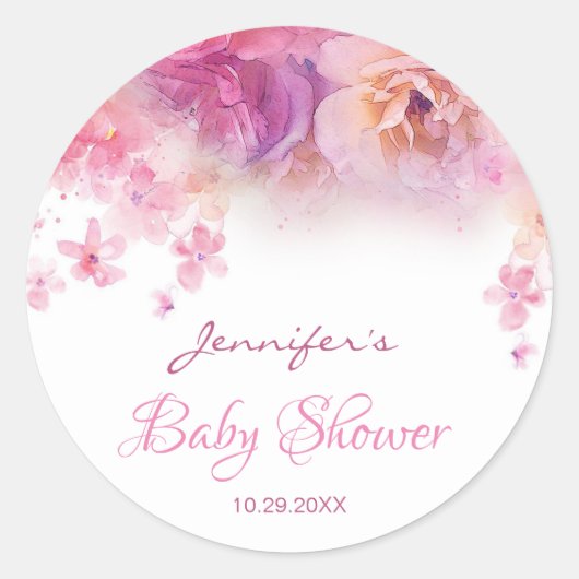 Sticker Rond Baby shower Élégant Script main Aquarelle Fleurs (Devant)