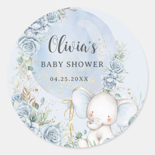 Sticker Rond Baby shower éléphant bleu bleu doux à bulle (Devant)