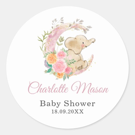 Sticker Rond Baby shower Eléphant Fille Lune Rose Cute (Devant)
