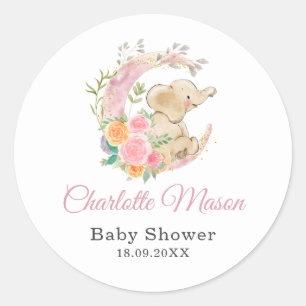 Sticker Rond Baby shower Eléphant Fille Lune Rose Cute