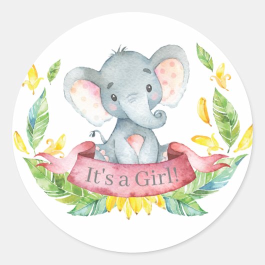Sticker Rond Baby Shower Éléphant Fille Rose (Devant)