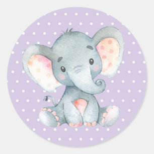 Sticker Rond Baby Shower éléphant fille Violet