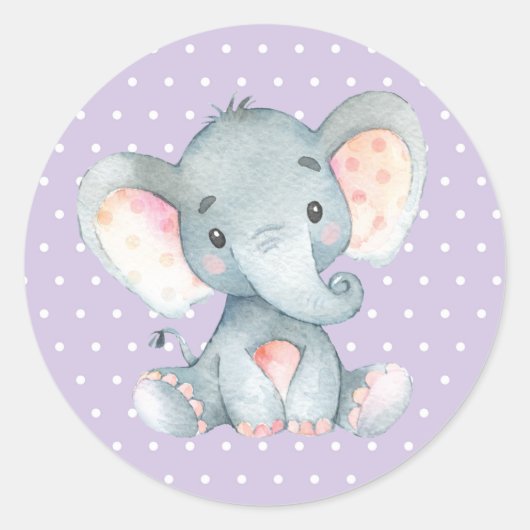 Sticker Rond Baby shower Eléphant Fille Violet (Devant)