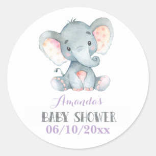 Sticker Rond Baby shower Eléphant fille violet et gris
