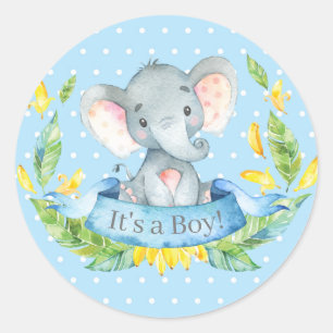 Sticker Rond Baby shower éléphant garçon bleu