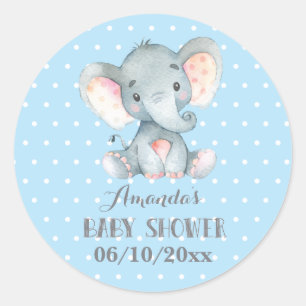 Sticker Rond Baby-Shower Éléphant Garçon Bleu et Gris