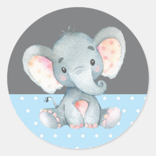 Sticker Rond Baby-Shower Éléphant Garçon Bleu et Gris