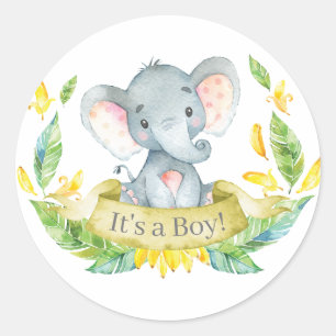 Sticker Rond Baby Shower Éléphant Garçon Jaune