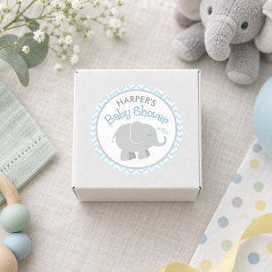 Sticker Rond Baby Shower Eléphant Gris Chevron Bleu