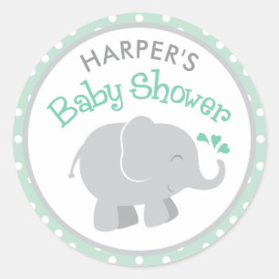 Sticker Rond Baby Shower Éléphant Gris et Menthe