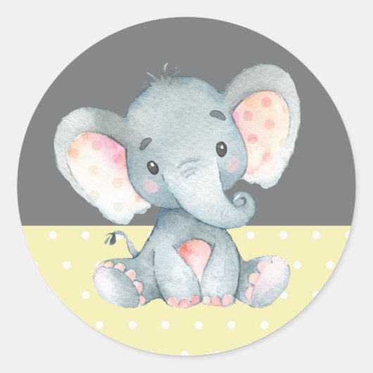 Sticker Rond Baby shower éléphant Jaune et gris (Devant)