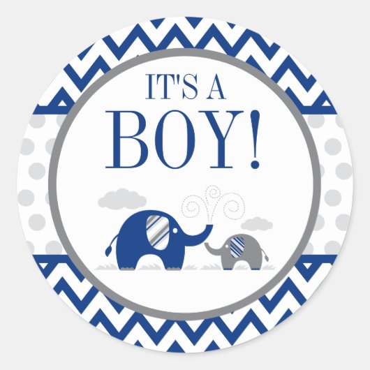 Sticker Rond Baby shower éléphant Navy Blue Grey Boy (Devant)