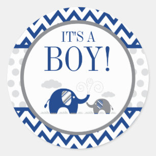 Sticker Rond Baby shower éléphant Navy Blue Grey Boy