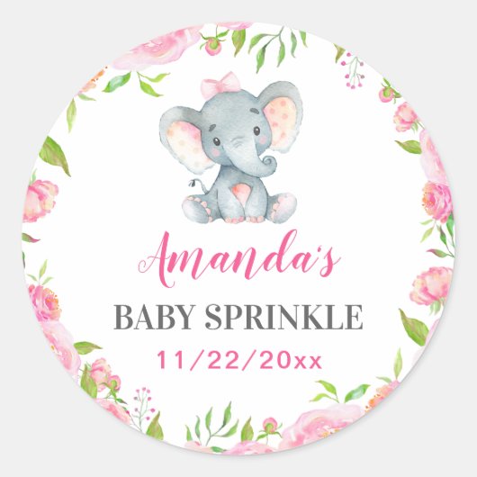 Sticker Rond Baby shower Eléphant Petit Arachide Fille Sprinké (Devant)