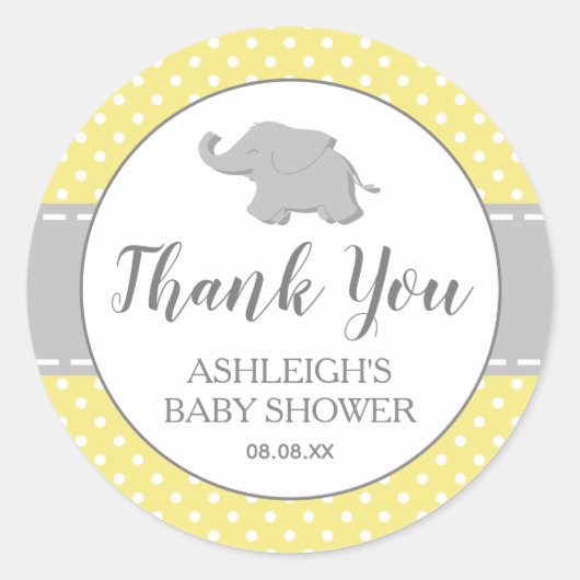 Sticker Rond Baby shower Eléphant Polka Jaune (Devant)