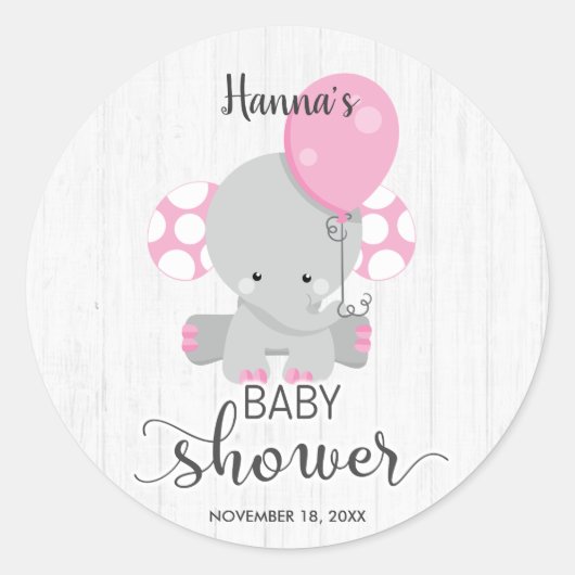 Sticker Rond Baby shower Eléphant rose Chic Wood (Devant)