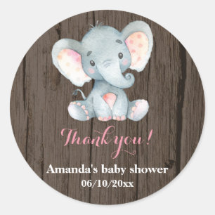 Sticker Rond Baby shower Eléphant Rustique Merci rose Favoriser