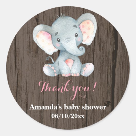 Sticker Rond Baby shower Eléphant Rustique Merci rose Favoriser (Devant)