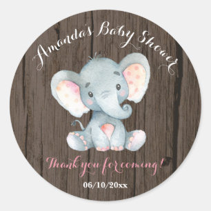 Sticker Rond Baby shower Eléphant Rustique Merci rose Favoriser