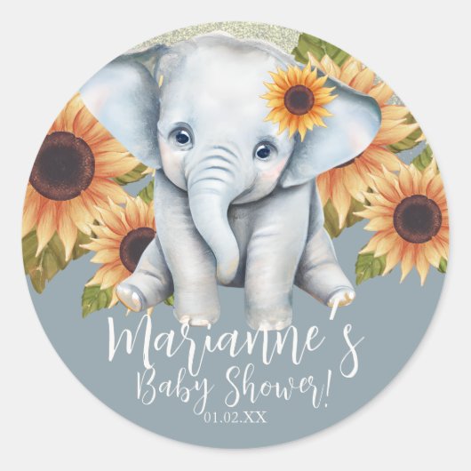 Sticker Rond Baby shower éléphant Tournesol Parties scintillant (Devant)