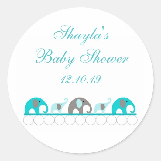 Sticker Rond Baby shower Eléphant Turquoise et Grey Favoriser (Devant)