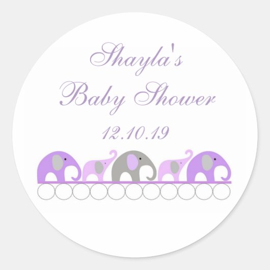 Sticker Rond Baby shower Eléphant violet et gris Favoriser (Devant)