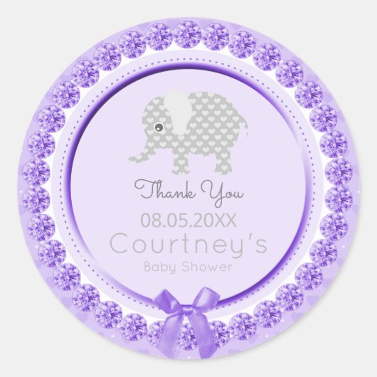 Sticker Rond Baby shower éléphant violet gris Merci Favor (Devant)